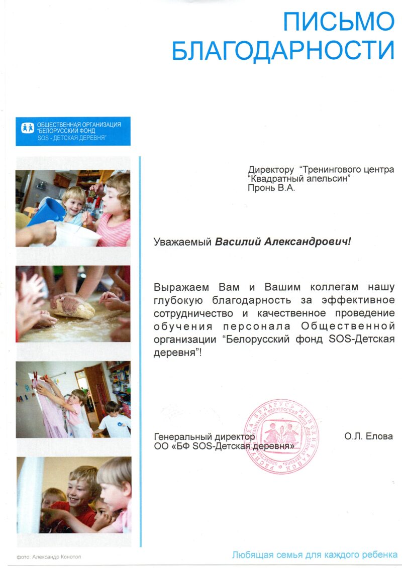 отзыв-юлагодарность Василию Пронь, белорусский фонд "SOS-детская деревня"