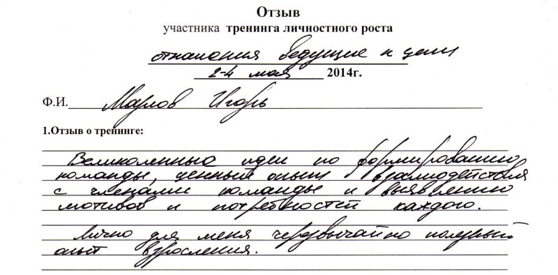 отзыв о тренинге "Отношения, ведущие к цели" Марлов Игорь